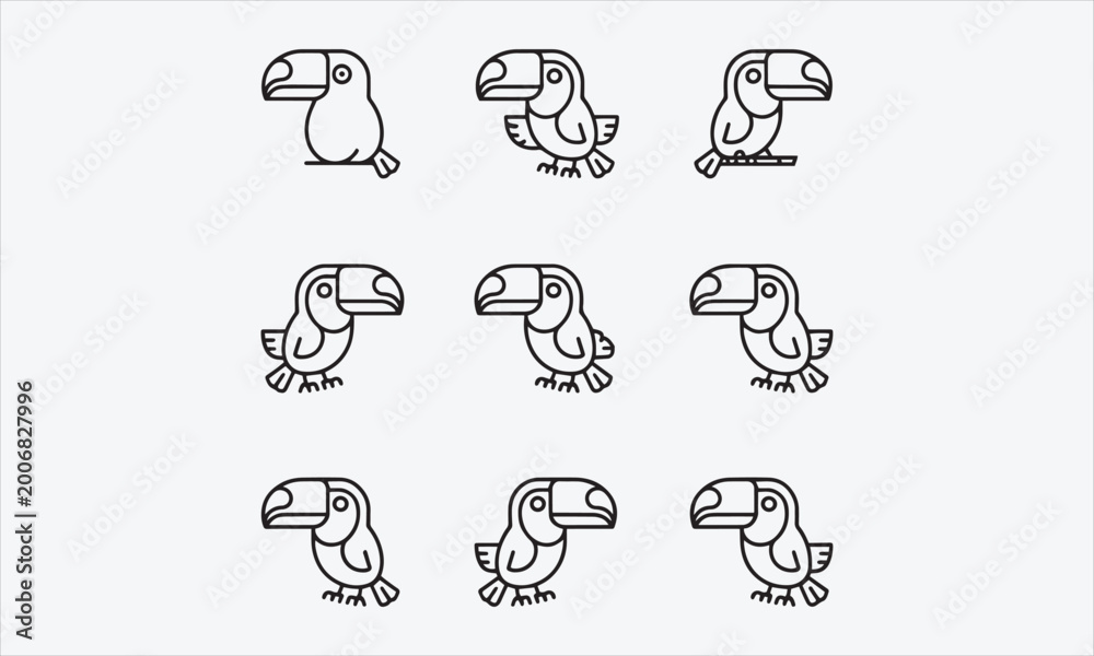 Fototapeta premium Toucans bird cartoon line art vector icon set Vector illustration
