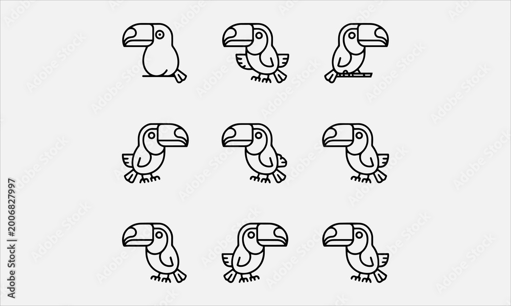 Fototapeta premium Toucans bird cartoon line art vector icon set Vector illustration