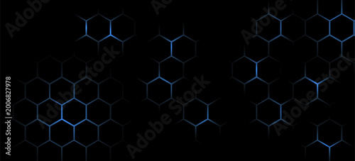 An abstract futuristic technology background featuring a dark hexagonal grid pattern with glowing blue neon lines.