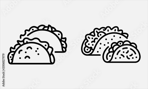 Two taco line art vector icon set illustrations, one one in black and white outline vector illustration