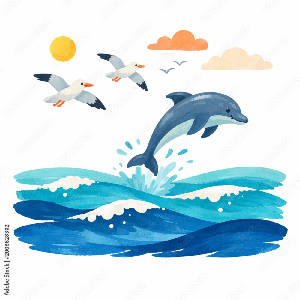 Fototapeta premium Dolphins Jumping over Ocean Waves with Seagulls Illustration