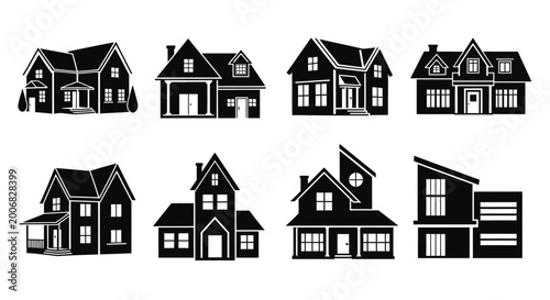 Fotografi Collection of eight black house silhouettes with varying architectural styles on
