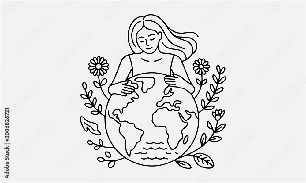 Obraz premium Eco friendly girl hugging planet Earth, line art vector icon set. Mother Nature and globe with blooming flowers,Ecology collection vector illustration