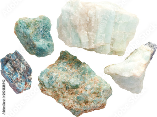 Tableau sur toile Raw Aquamarine and Beryl Mineral Stones Flat Lay isolated on transparent backgro