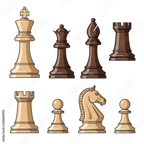 Vector illustration of classic chess pieces in light and dark wood