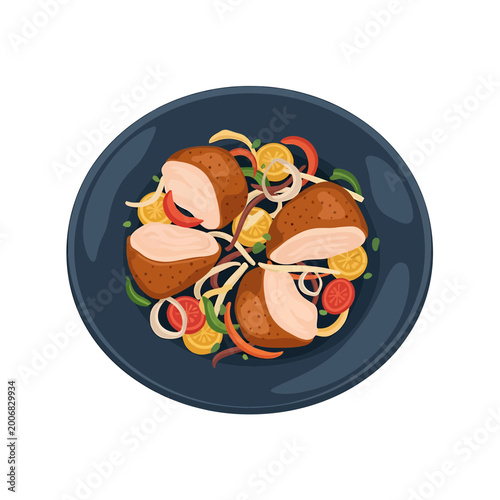 Vector illustration of roasted meat with vegetables on a dark plate