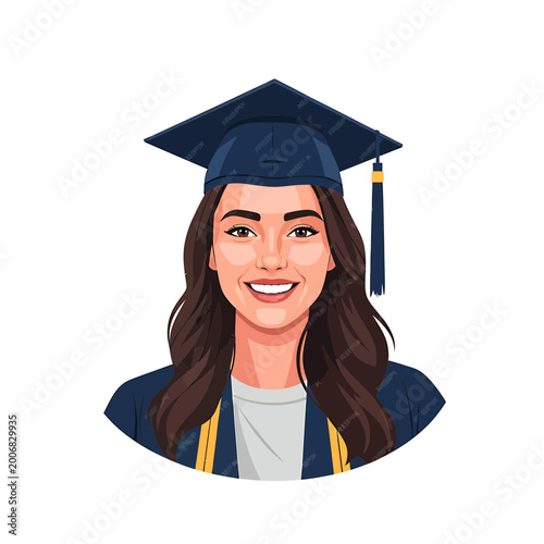 Smiling Female Graduate in Mortarboard and Gown Vector Illustration
