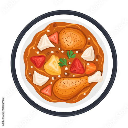 Chicken stew with vegetables in a bowl top view vector illustration