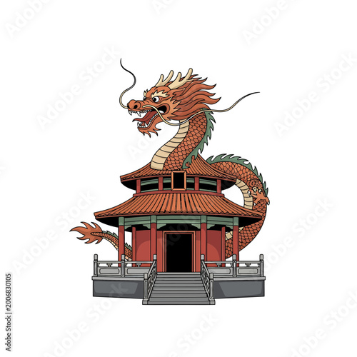 Traditional Chinese Dragon Wrapped Around a Pagoda Temple Illustration