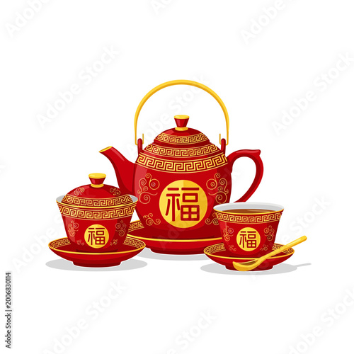 Traditional Chinese Red Ceramic Tea Set Vector Illustration