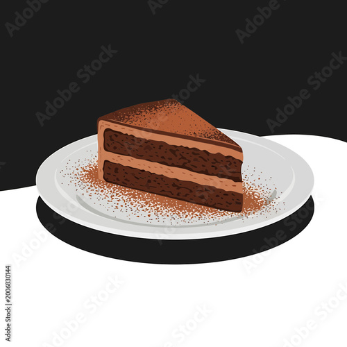 Chocolate Layer Cake Slice on White Plate Vector Illustration