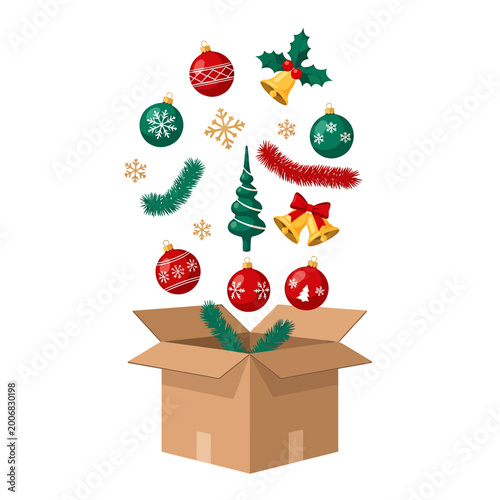 Christmas decorations flying out of an open cardboard box illustration