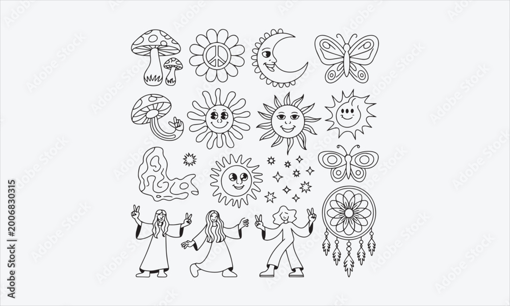 Fototapeta premium Outline vector set of 60s and 70s psychedelic clipart. Groovy mushrooms, flowers, sun, moon, butterfly in line style vector illustration