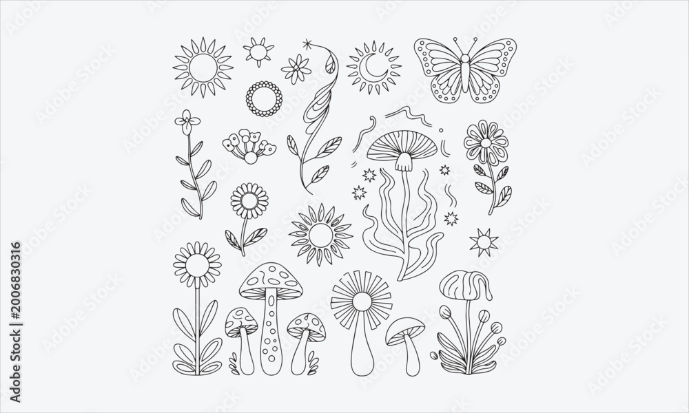 Obraz premium Outline vector set of 60s and 70s psychedelic clipart. Groovy mushrooms, flowers, sun, moon, butterfly in line style vector illustration