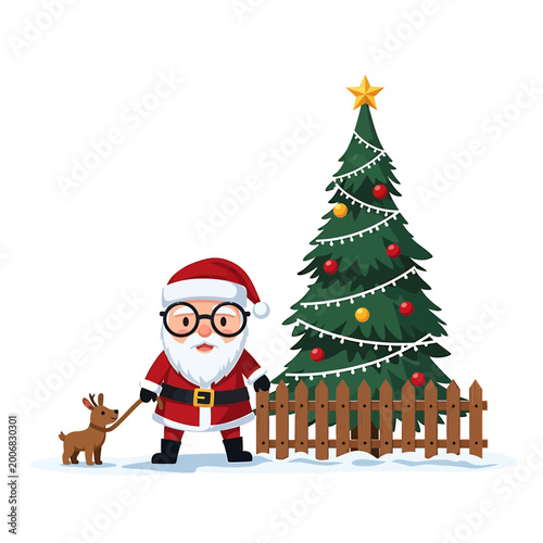 Cute cartoon Santa Claus with reindeer and Christmas tree illustration