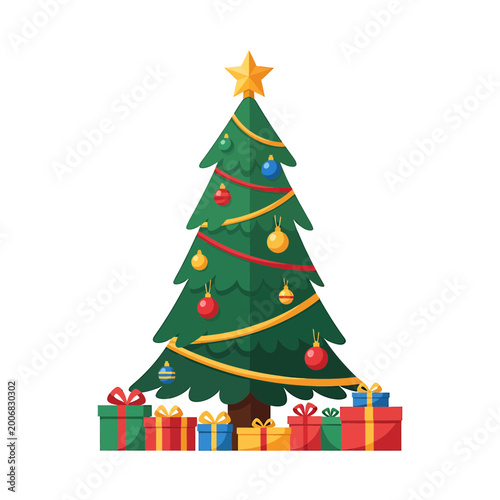 Festive Christmas Tree with Ornaments and Gifts Illustration