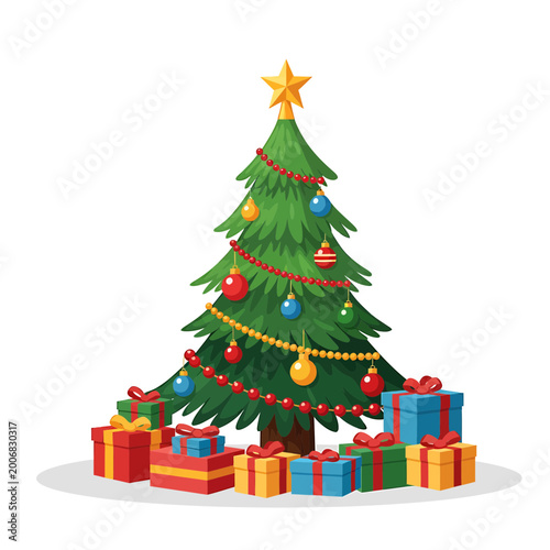 Decorated Christmas Tree with Star and Colorful Gifts Illustration
