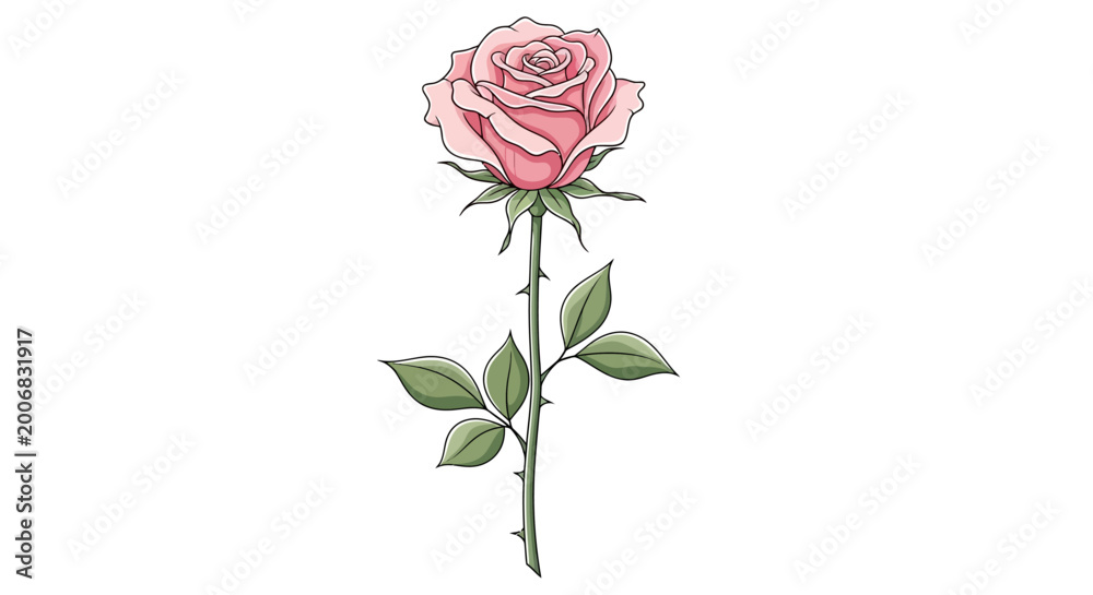 Fototapeta premium Single Pink Rose with Stem and Leaves