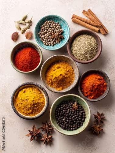 Indian Spices in Bowls with Vibrant Colors, Suitable for Food Decoration