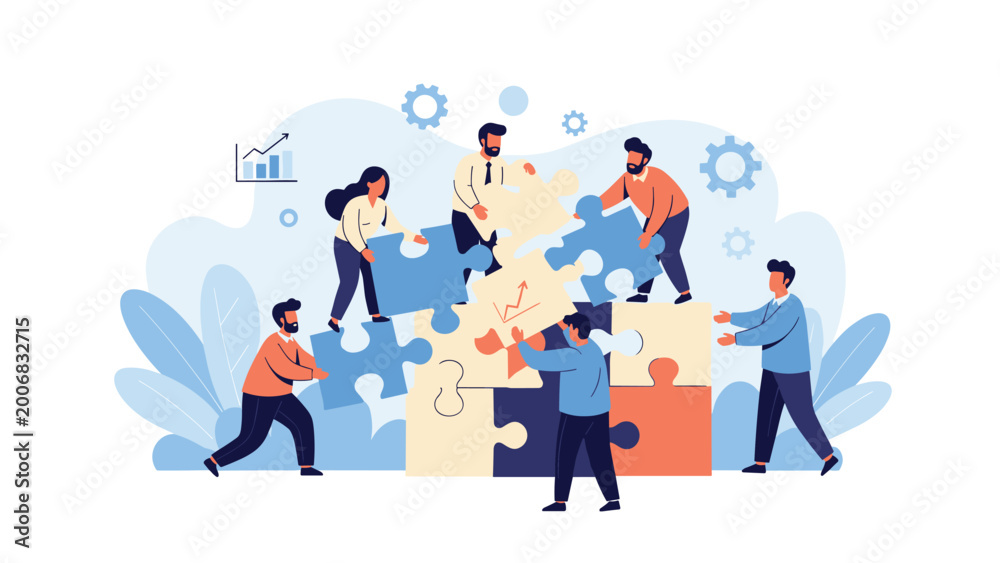 Naklejka premium Group of business professionals working together to assemble large jigsaw puzzle pieces representing teamwork and corporate strategy.