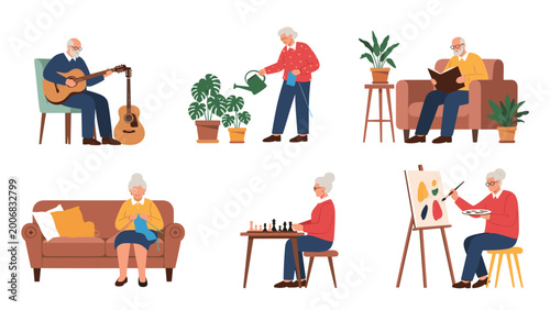 Collection of active seniors enjoying various retirement hobbies such as playing guitar, gardening, reading, knitting, chess, and painting.