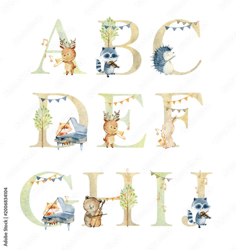 Naklejka premium Vector watercolor musical animals letters for invitation card, nursery poster and other.