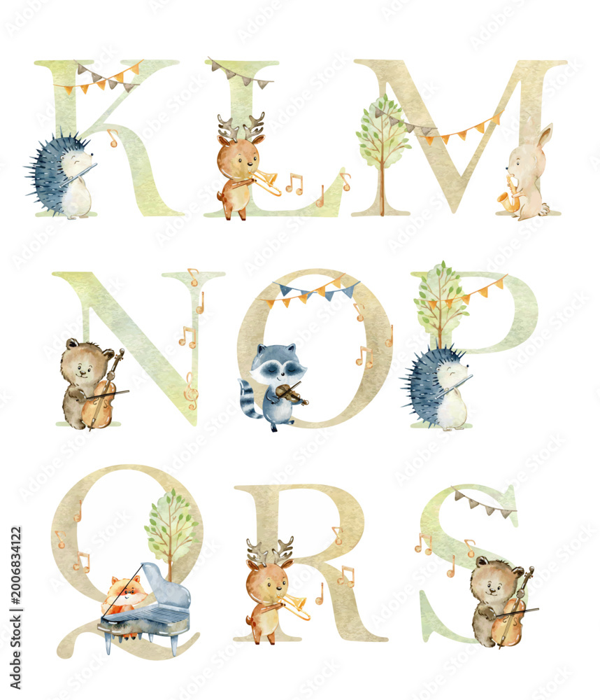 Fototapeta premium Vector watercolor musical animals letters for invitation card, nursery poster and other.