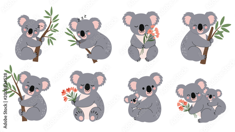 Fototapeta premium Charming set of grey koala bear illustrations featuring characters climbing branches, sleeping, holding flowers, and a mother with her baby.