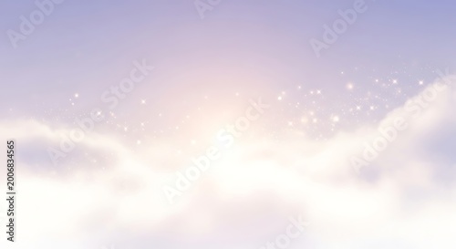 Soft pastel sky background with fluffy clouds and sparkling light. Ideal for dreamy fantasy backdrops, magical designs, and ethereal wallpapers