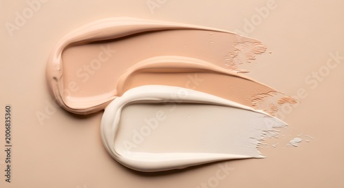 Three cosmetic foundation swatches spread on beige background showing different nude shades and textures of liquid makeup cream for skin tone matching beauty product testing.