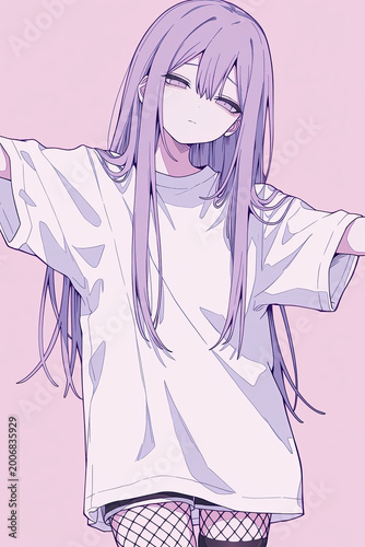 Anime girl long purple hair arms outstretched white shirt fishnet pastel illustration