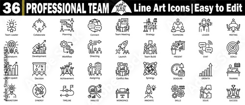 Professional team line art icons set for collaboration and business growth vector.