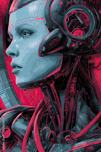 Cyberpunk female cyborg portrait with mechanical neck red and blue tones illustration