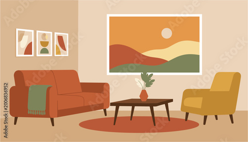 Foto Cozy modern living room with sofa chair coffee table and abstract wall art