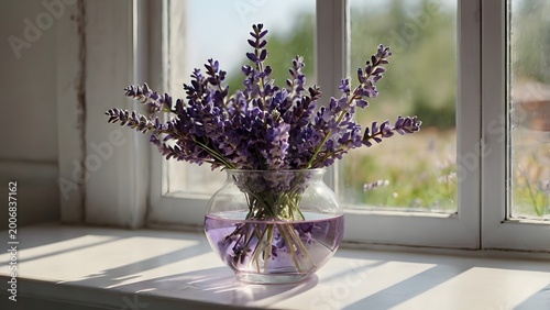 Lavender Bouquet in Glass Vase on Window Sill with Natural Sunlight Relaxing Home Decor