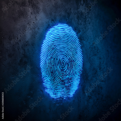 Glowing blue digital fingerprint on dark textured background, biometric security concept