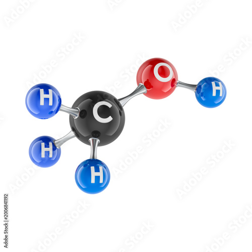 Detailed 3d molecular structure of ethanol with carbon oxygen and hydrogen atoms