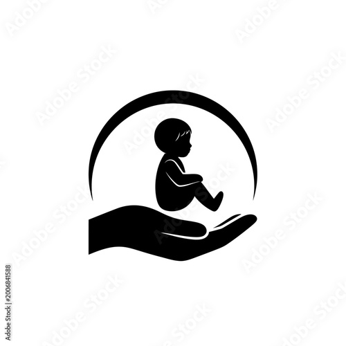 Baby silhouette sitting on hand under protective arc icon