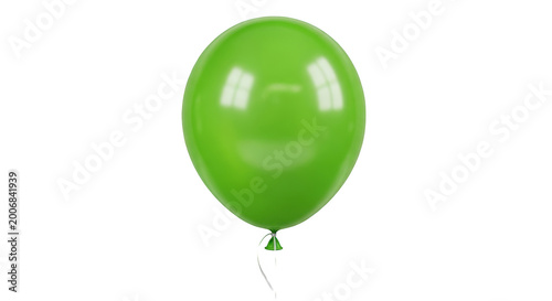 A single, bright green latex balloon with a reflective surface and a tied ribbon, isolated on transparent background