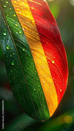Tropical leaf displaying Rastafarian flag colors with water drops