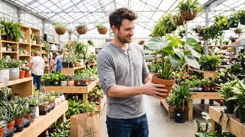 Happy young man examining a potted monstera deliciosa plant in a sunlit garden center nursery [with copy space]
