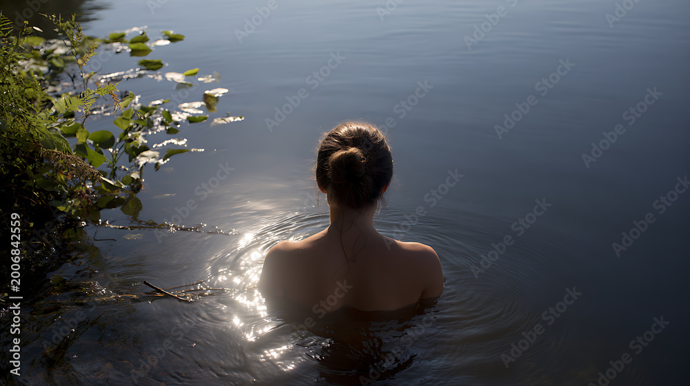 Fototapeta premium Woman's back emerges from dark water, sun reflections create sparkling light, a serene and tranquil moment in nature's embrace, peaceful escape