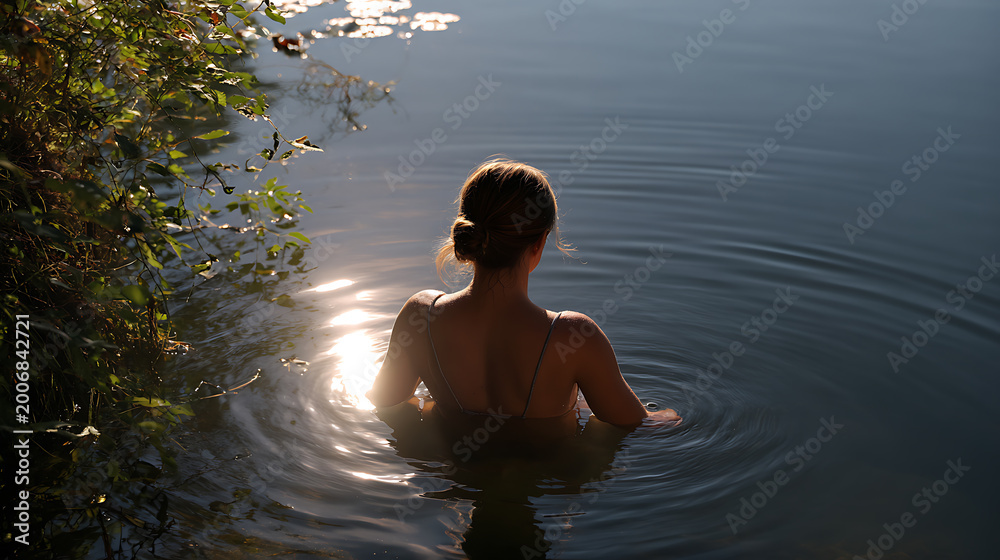 Fototapeta premium Woman Bathe in Tranquil Lake Water with Sunlight Glimmer, Scenic Outdoor Refreshment and Serenity at Sunset, Calm Nature Retreat