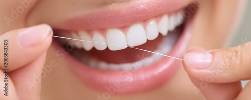 A close-up of a person using dental floss to maintain oral hygiene. The bright, white smile showcases healthy teeth, emphasizing the importance of daily dental care.