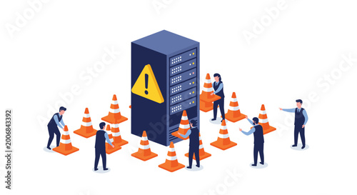 A team of business professionals collaborates on server infrastructure optimization by placing bright orange safety cones around a large central computer tower in office.
