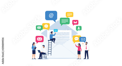 A group of professional people interact with a large central envelope icon surrounded by floating colorful message notification bubbles and symbols on a white background.