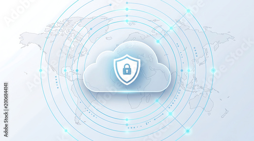 Global cloud security and digital data protection network with secure shield and lock icon on a glass cloud over a blue world map for safe internet storage and cyber defense