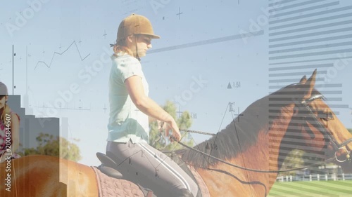 Rider adjusting reins, calming horse in riding while cam shifting and bars and grid overlaying