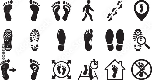 Human foot and shoe print icons set, featuring clean walking and footprint symbols, minimal design elements, and clear shapes isolated on white background for signage, education