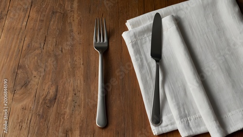 Minimal Table Setting with Fork Knife and White Napkin on Wooden Table Copy Space